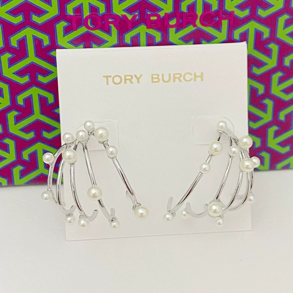 Tory Burch Faux Pearl Metal Earrings Layered